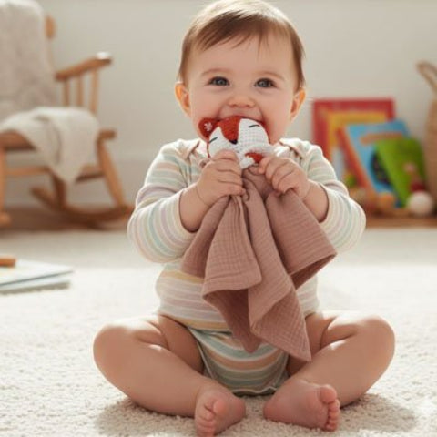 Doudou renard hochet et tissu doux combinés