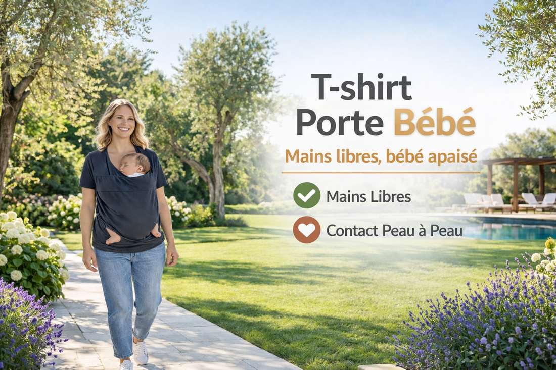 maman utilisant un t shirt porte bébé dans jardin lumineux