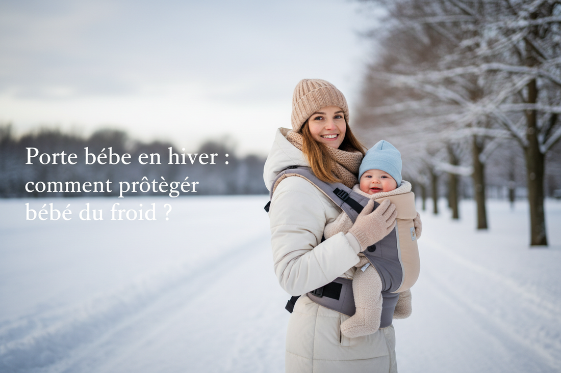 Maman et bebe en porte bebe hiver exterieur neige