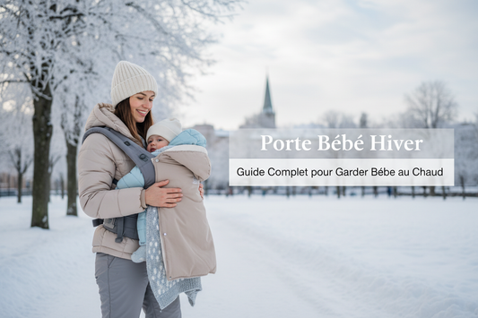 Porte bebe hiver moderne avec maman et bebe en balade exterieur neige