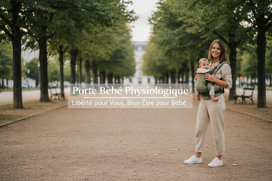 Porte bebe physiologique moderne avec maman et bebe en balade exterieur