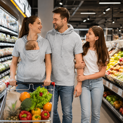 Famille au supermarché avec bébé en t-shirt kangourou gris
