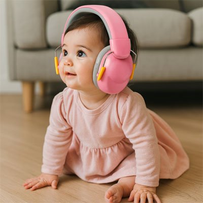 Casque anti bruit bébé coloré bleu rose détails jaunes