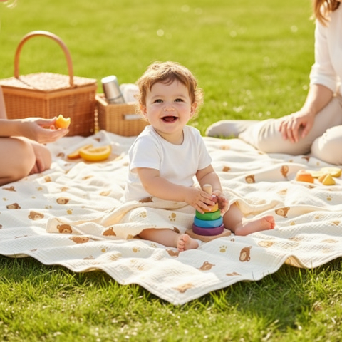 couverture bébé polyvalente utilisée comme tapis d'éveil nomade en extérieur