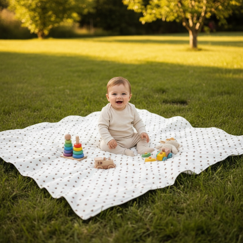 couverture bébé polyvalente utilisée comme tapis d'éveil au parc
