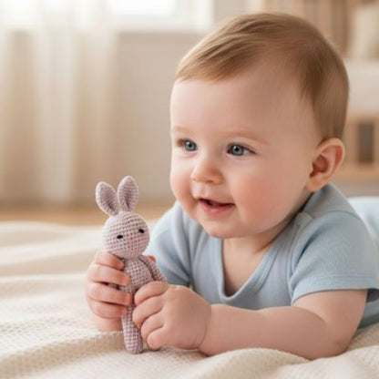 Doudou lapin gris artisanal sécuritaire pour bébé