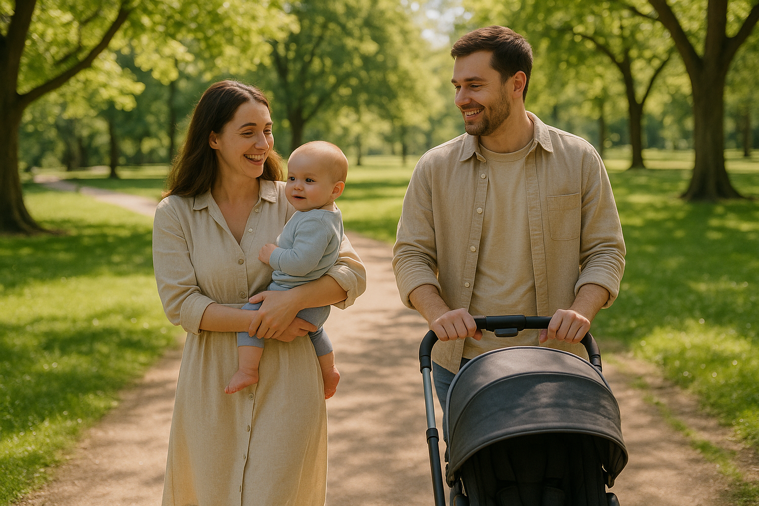 maman et papa porte bébé et possette en balade dans un parc