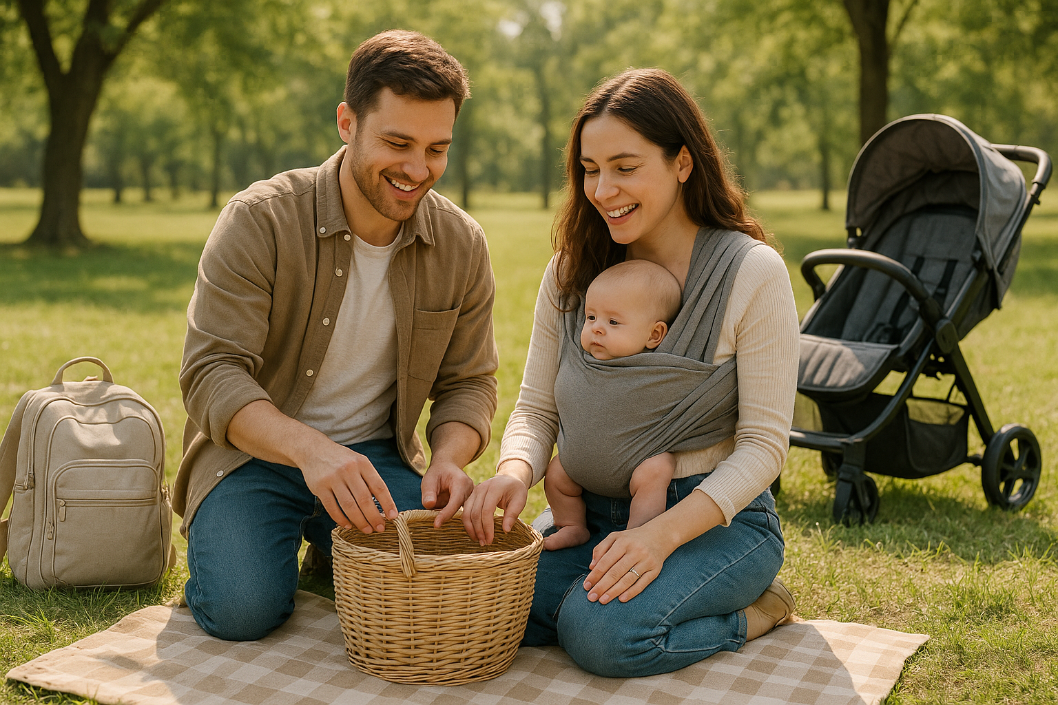 Papa et maman porte le bébé dans écharpe de portage et un sac a langer et poussette pour une une pique nique au parc