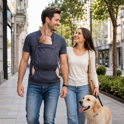 Papa en promenade avec bébé, femme et chien en ville