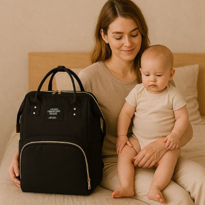 Sac a langer ouverture large à double zip doré